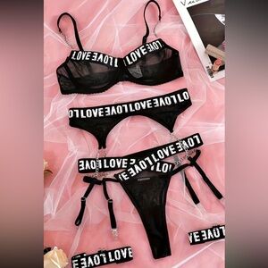 Love Black Sheer Mesh Three-Piece Lingerie Set with LOVE Elastic